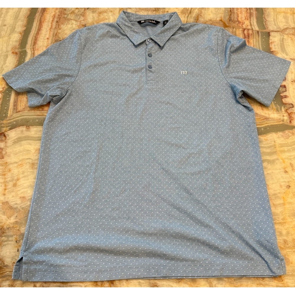 Travis Mathew Mens Polo Shirt Blue Polka Dot Short Sleeve Button Placket Size XL